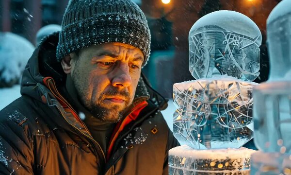 An artist sculpting intricate ice sculptures at a winter festival, chiseling away at blocks of ice with precision. Video