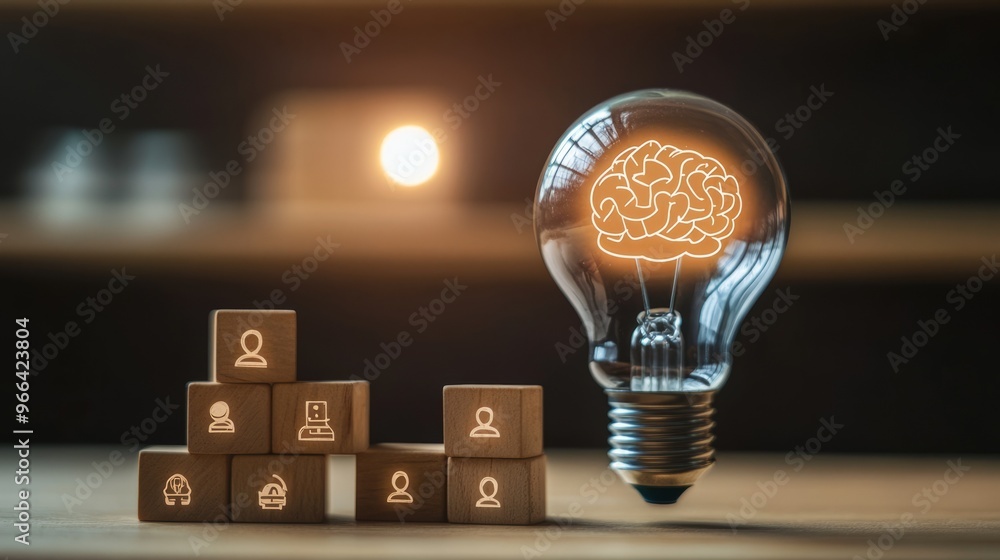 Poster artificial intelligence innovation. ai adoption and working. ai with a digital brain in a lightbulb 