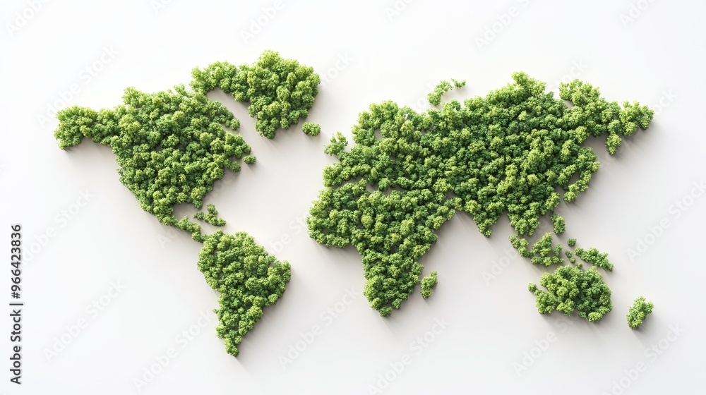 Poster world nature conservation day concept. green world map- 3d tree or forest shape of world map isolate