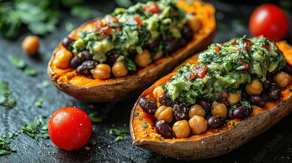 Wall mural close-up of stuffed sweet potato on table with tomato and green garnish