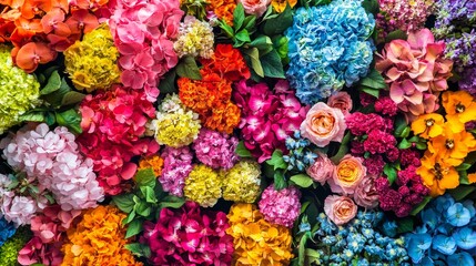 A vibrant arrangement of various flowers in bright colors, showcasing nature's beauty and diversity.