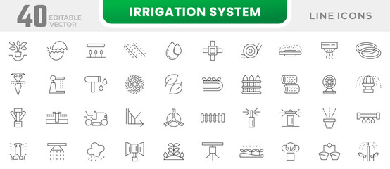 Irrigation system line icon collection. Smart farm, farming technology, bulb, plant, water tank, gardening. Sow, irrigate, barrier icon set. Ui outline icon pack.