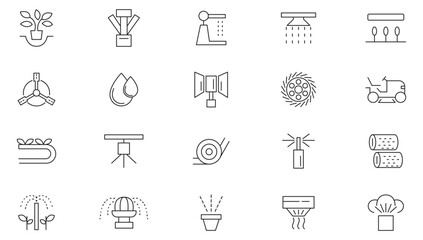 Irrigation system line icon collection. Smart farm, farming technology, bulb, plant, water tank, gardening. Sow, irrigate, barrier icon set. Ui outline icon pack.