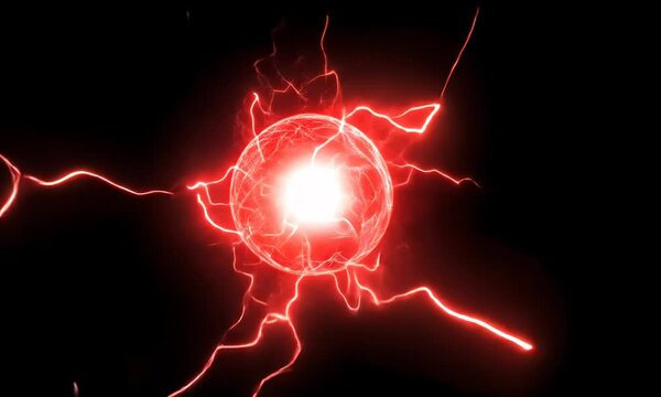Spherical red neon energy or plasma ball with bright electric lightning streams and glowing effects on black background, VFX