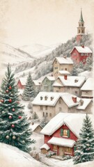 Obraz premium Snowy Christmas Village Greeting Card with Festive Tree