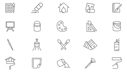 Brushes and painting line icon collection. Paint, paint roller, brush,  hammer, paint Bucket,  Spray, color palette, materials icon set. UI outline icon pack.