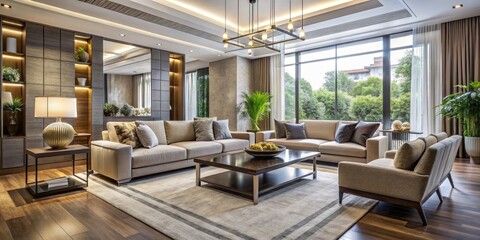 Fototapeta premium Elegant modern living room with sleek furniture, natural light, and stylish decor, creating a sophisticated and inviting atmosphere in a luxurious contemporary home.