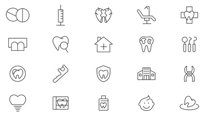 Dental clinic line icon collection. Dentistry, dentist, toothpaste, treatment, toothbrush, teeth, implant doctor, and check up icon set. UI outline icon pack