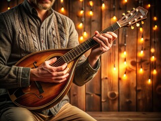 Obraz premium Elegant musician's fingers press strings of intricately carved wooden mandolin, surrounded by soft rustic background and warm golden lighting, evoking nostalgic folk music vibes.