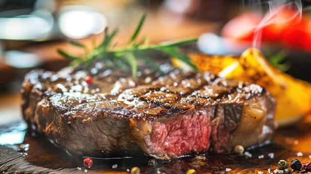 Juicy steak on the table moves with smoke around