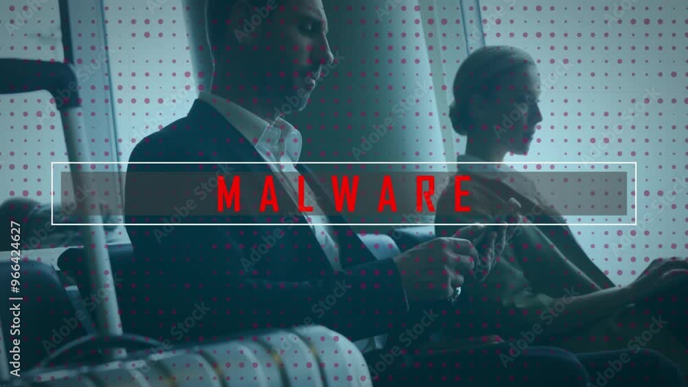 Poster animation of malware text and data processing over caucasian people using smartphones