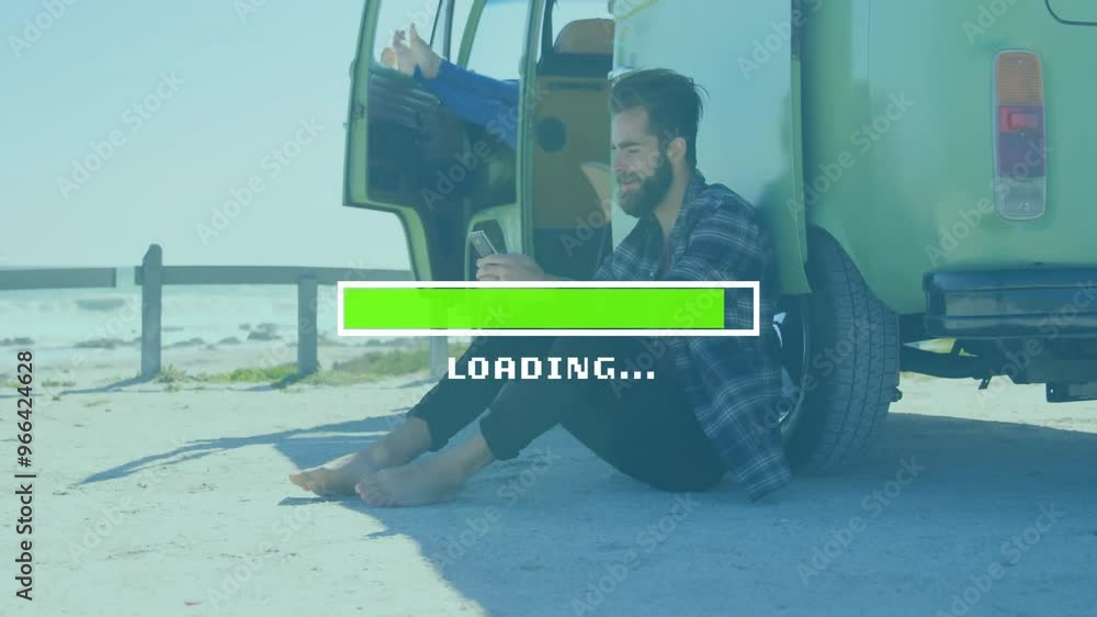 Poster animation of loading text and data processing over caucasian man using smartphone