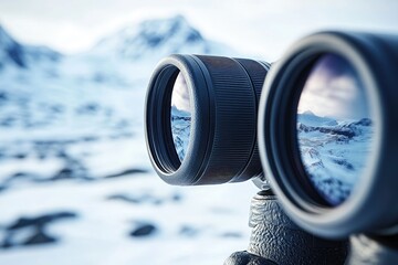 Binoculars Focused on a Snowy Mountain Landscape