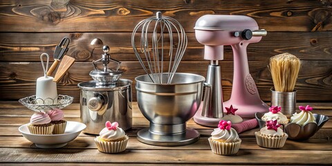 Elegant stainless steel and silicone baking utensils, including a stand mixer, pastry brush, and intricately designed cake toppers, are arranged artfully on a rustic wooden surface.