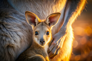 A baby kangaroo is nestled in the arms of a person. The baby kangaroo is looking up at the camera with a curious expression. Concept of warmth and tenderness