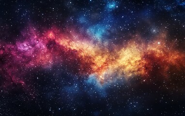 Naklejka premium A vibrant cosmic scene showcasing colorful nebulae and stars in deep space, evoking wonder and exploration.