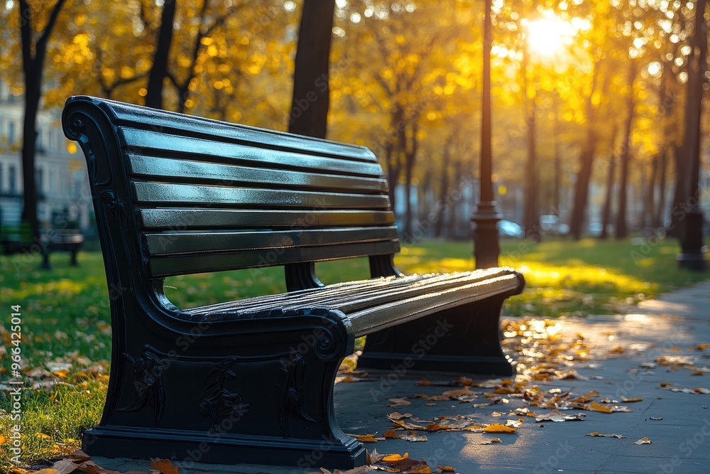 Wall mural Black Bench in a Park with Autumn Leaves