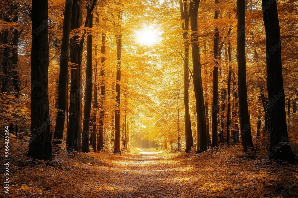 Poster a golden forest with tall trees, sunlight filtering through the leaves, and fallen leaves on the gro