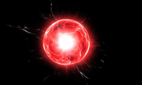 Spherical red neon energy or plasma ball with bright electric lightning streams and glowing effects on black background, VFX
