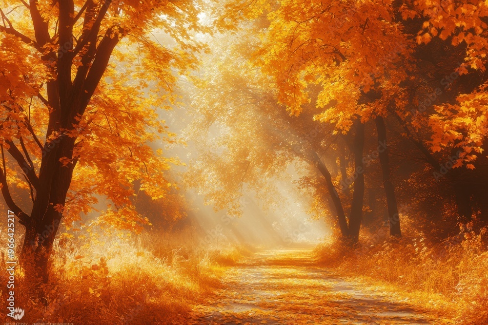 Poster a golden forest in autumn, sunlight filtering through the leaves, creating a warm and inviting atmos