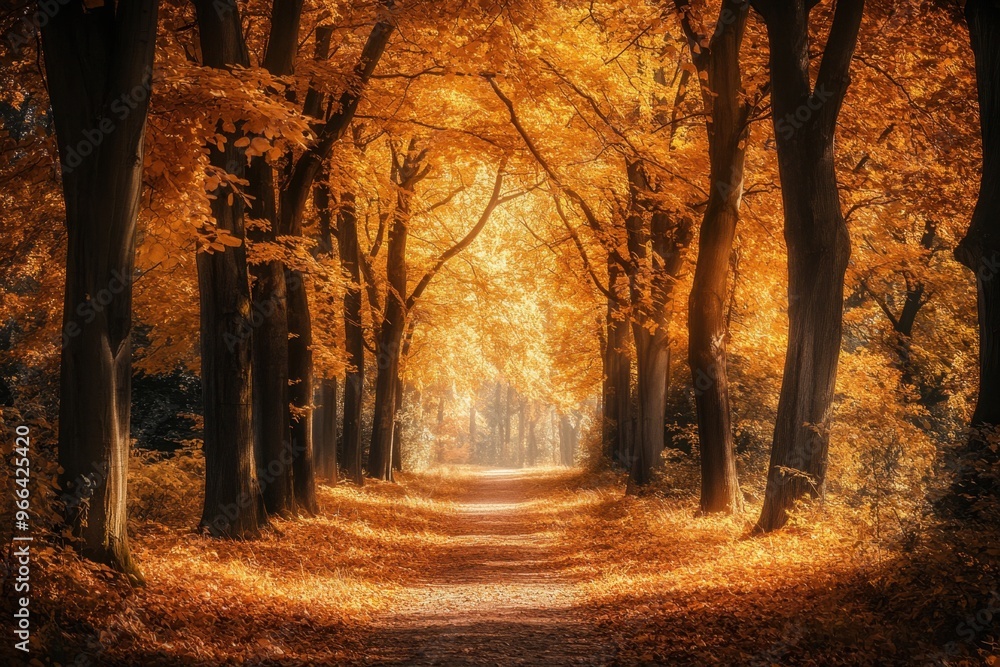 Poster a golden forest in autumn, sunlight filtering through the leaves, creating a warm and inviting atmos