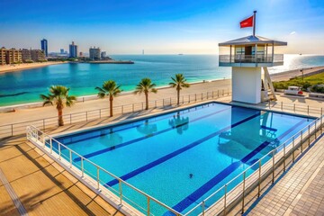 Obraz premium Elevated View Of Swimming Pool With Lifeguard Towers, Warning Signs, And Safety Equipment Arranged Around Its Blue Waters Under A Clear Dubai Sky.