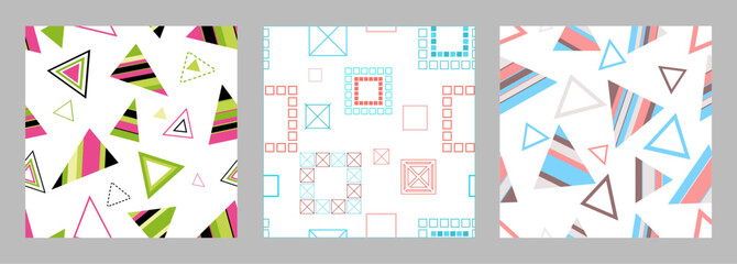 Seamless pattern of geometric shapes. Bright seamless pattern. Set of 3 patterns. Design for fabric, wallpaper, wrapping paper. Vector