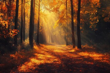 Obraz premium A golden forest with tall trees, the sun shining through them and casting long shadows on leaves of various shades Generative AI
