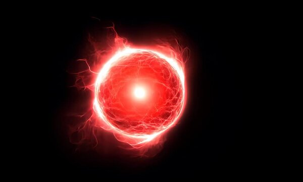 Spherical red neon energy or plasma ball with bright electric lightning streams and glowing effects on black background, VFX