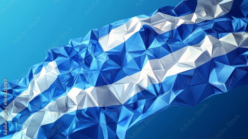 Poster greece, vector flag, virtual abstract 3d object made of triangular polygons on a blue background