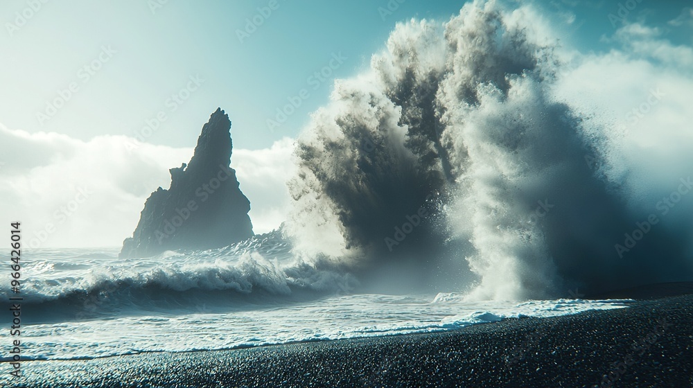 Sticker   Large wave crashing on rocky beach shore, blue sky backdrop