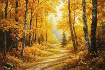 Obraz premium A golden forest in autumn, sunlight filtering through the leaves, creating an enchanting and serene atmosphere Generative AI