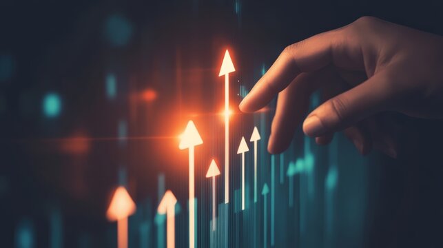 Hand is touching arrows pointing up with graph as a symbol of growth and success or rising successful development and business development in the future