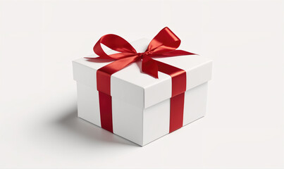 Obraz premium A white gift box tied with a red ribbon sits on a white surface