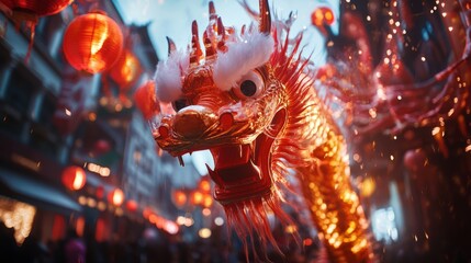 Lunar New Year dragon dance in the street, vibrant celebration, February 12