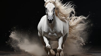 Majestic white horse galloping on a dramatic black background.