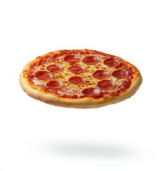 A flying pizza with pepperoni on a white background. Pizza and beer day