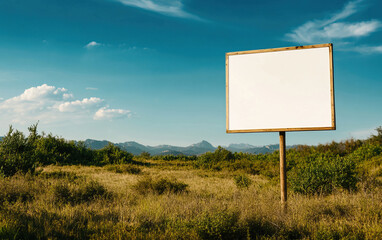 A blank billboard in a serene natural landscape, perfect for advertising or creative projects in outdoor settings.