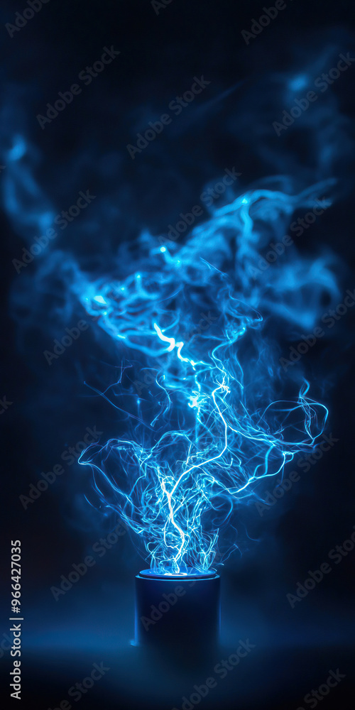 Poster a captivating image of blue electric energy emanating from a pot, creating a mystical and dynamic vi