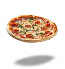 A flying pizza with pepperoni on a white background. Pizza and beer day