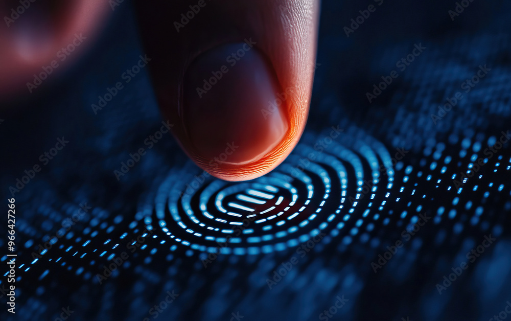 Poster a close-up view of a finger touching a digital fingerprint sensor, illustrating biometric technology