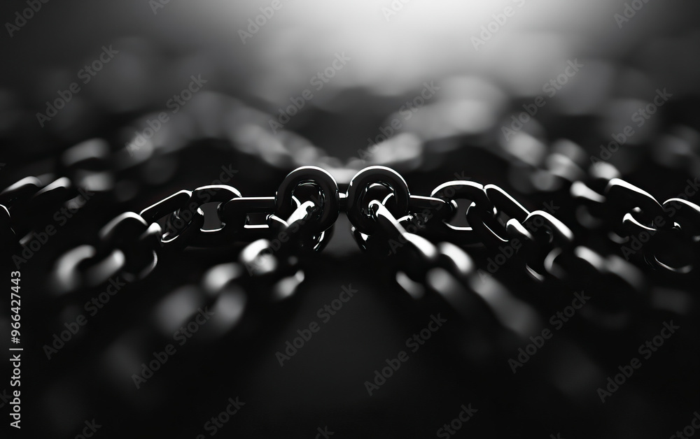 Poster a close-up view of intricate black metal chains creating a dramatic and textured background in monoc