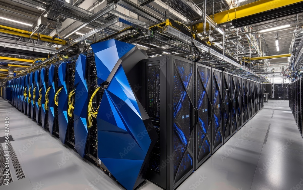 Poster a modern data center featuring high-performance servers arranged in rows, showcasing advanced techno