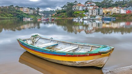 Obraz premium A yellow and blue boat atop a river adjacent to a shore brimming with tiny boats