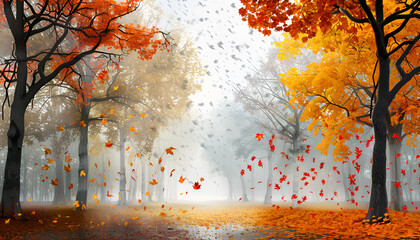 Fototapeta premium trees on left and right side with color of leafs changing, gloomy weather leaves falling from trees