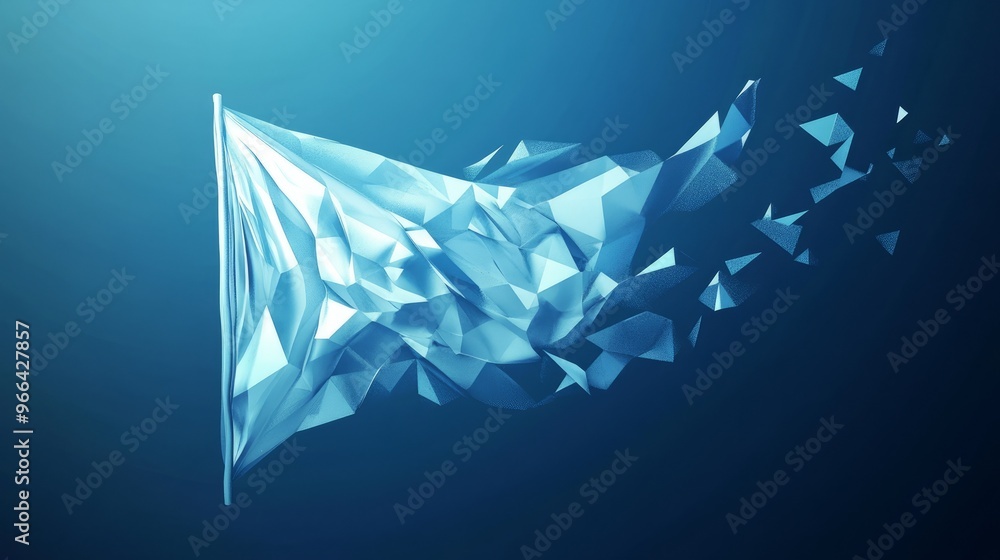 Poster pacifism, virtual abstract 3d object made of triangular polygons on blue background