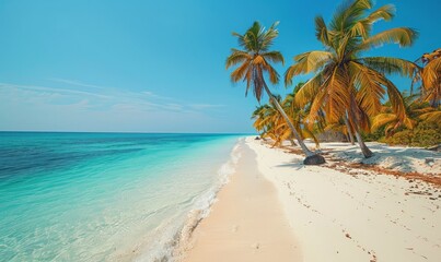 Fototapeta premium Palm fringed white sand beach, Agatti Island, Lakshadweep archipelago,