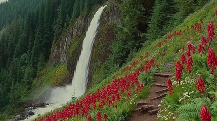   A red-flowered waterfall cascading down the mountain, with a winding path leading up to it on the side