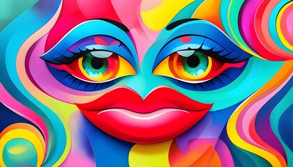 Artistic composition of vibrant abstract shapes and patterns showcasing stylized eyes and lips, embodying creativity and innovative design