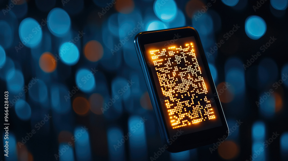 Poster a smartphone displaying a glowing qr code against a vibrant, blurred bokeh background, showcasing mo